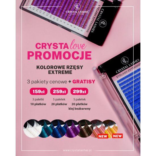 CrystaLova Promocja - rzęsy kolorowe 5 Paletek + 20 Płatków + Klej